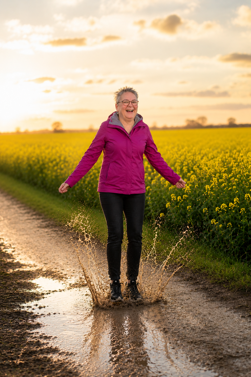 Claudia Lerch springt lachend in eine Pfütze auf einem Feldweg neben einem leuchtend gelben Rapsfeld im Abendlicht – voller Lebensfreude und Leichtigkeit.